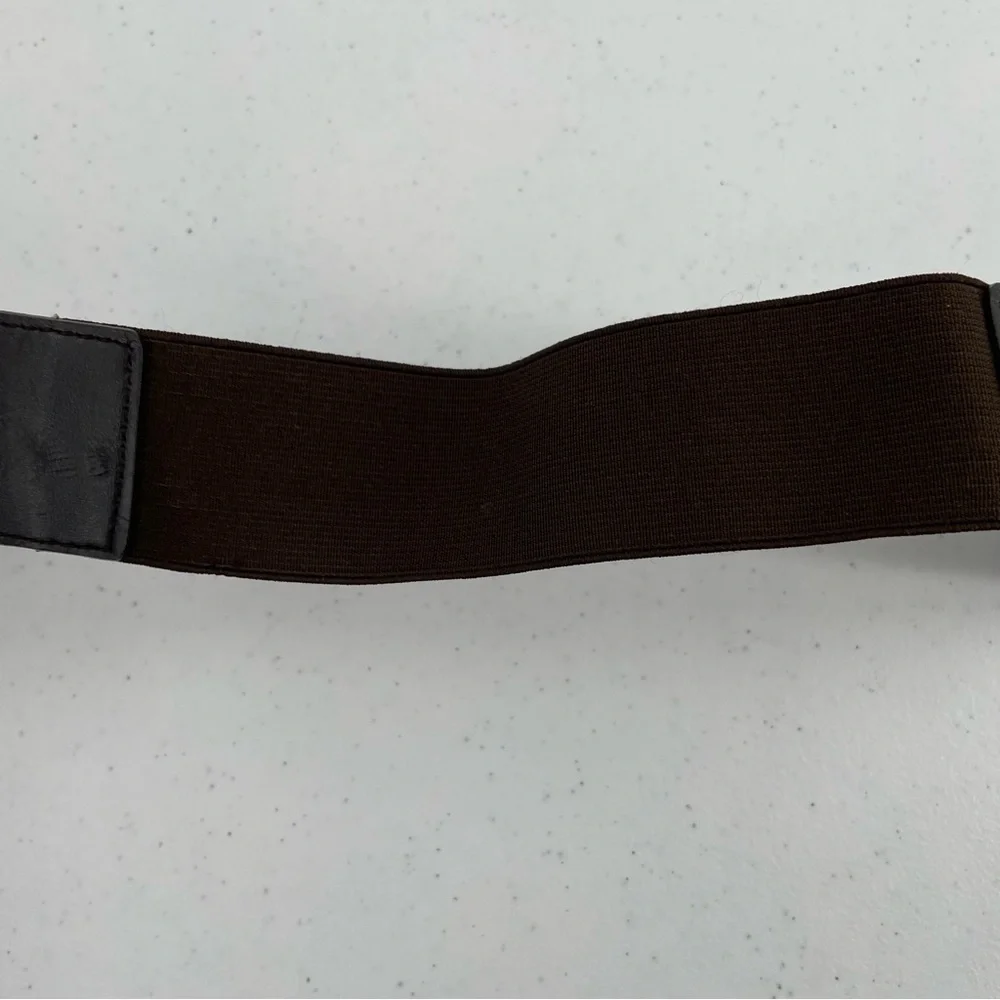 Chicos Vintage Faux Brown Croc Elastic Stretch Ornate Brass Buckle Small Belt